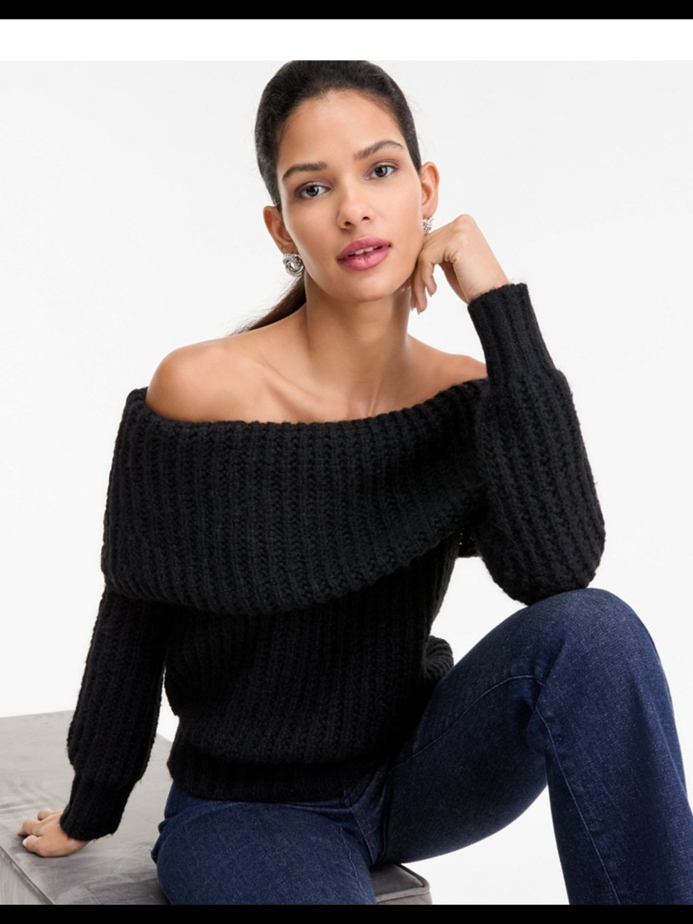 INC Women's Lofty Off-Shoulder Ribbed Knit Sweater - Black NWT
